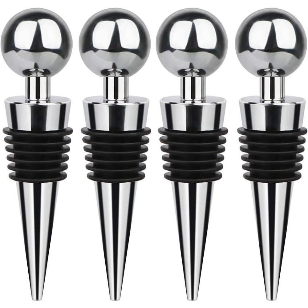 (NWT) WINE STOPPERS Set of 4 Stainless & Silicone Leakproof, Stainless/Black